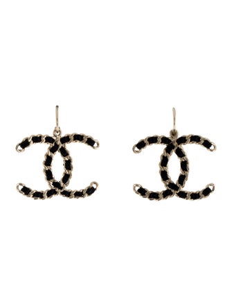 Chanel Leather Chain Woven CC Drop Earrings