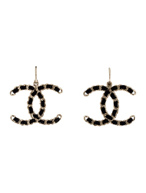 Chanel Leather Chain Woven CC Drop Earrings