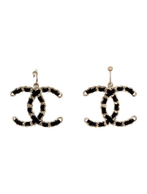 Chanel Leather Chain Woven CC Drop Earrings