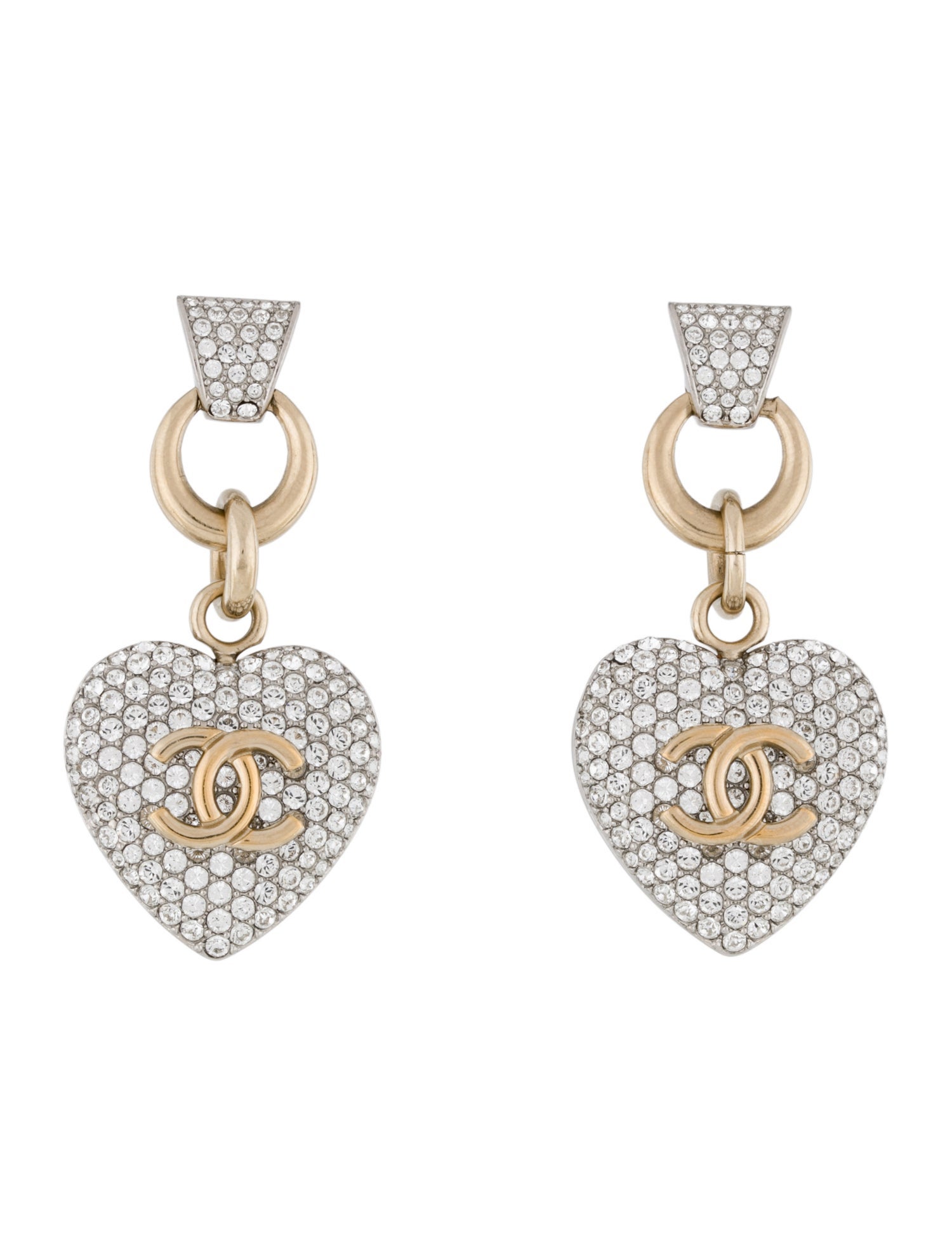 Chanel Strass CC Heart Drop Earrings