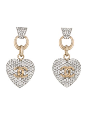 Chanel Strass CC Heart Drop Earrings