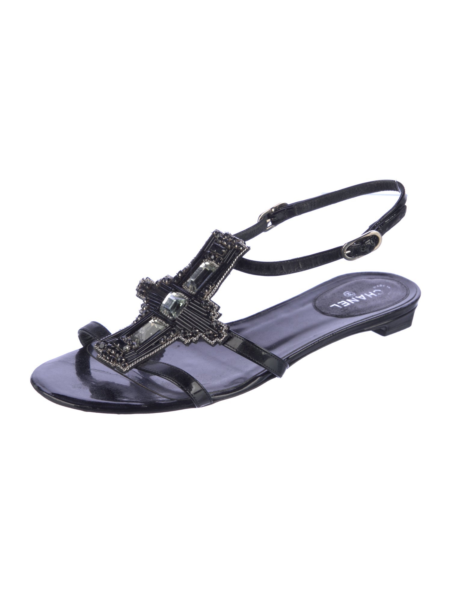 Chanel Interlocking CC Logo Patent Leather T-Strap Sandals