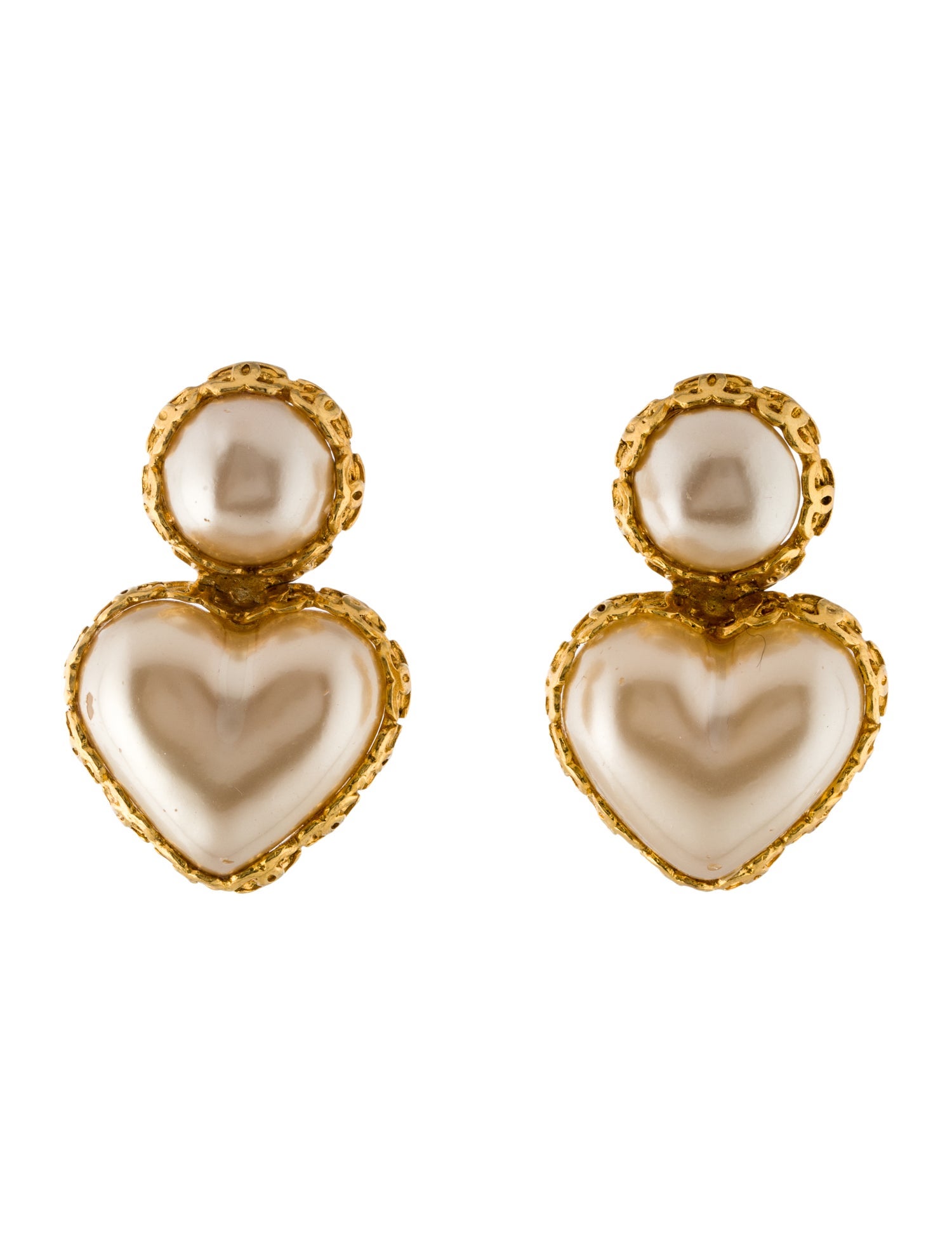Chanel Vintage Faux Pearl Heart Drop Clip-On Earrings