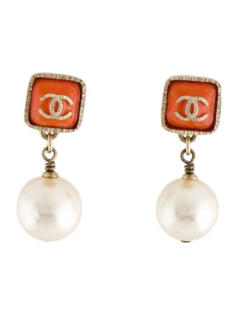 Chanel Faux Pearl & Resin CC Drop Earrings