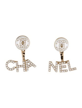 Chanel 2021 Faux Pearl & Strass 'CHA-NEL' Jacket Stud Earrings