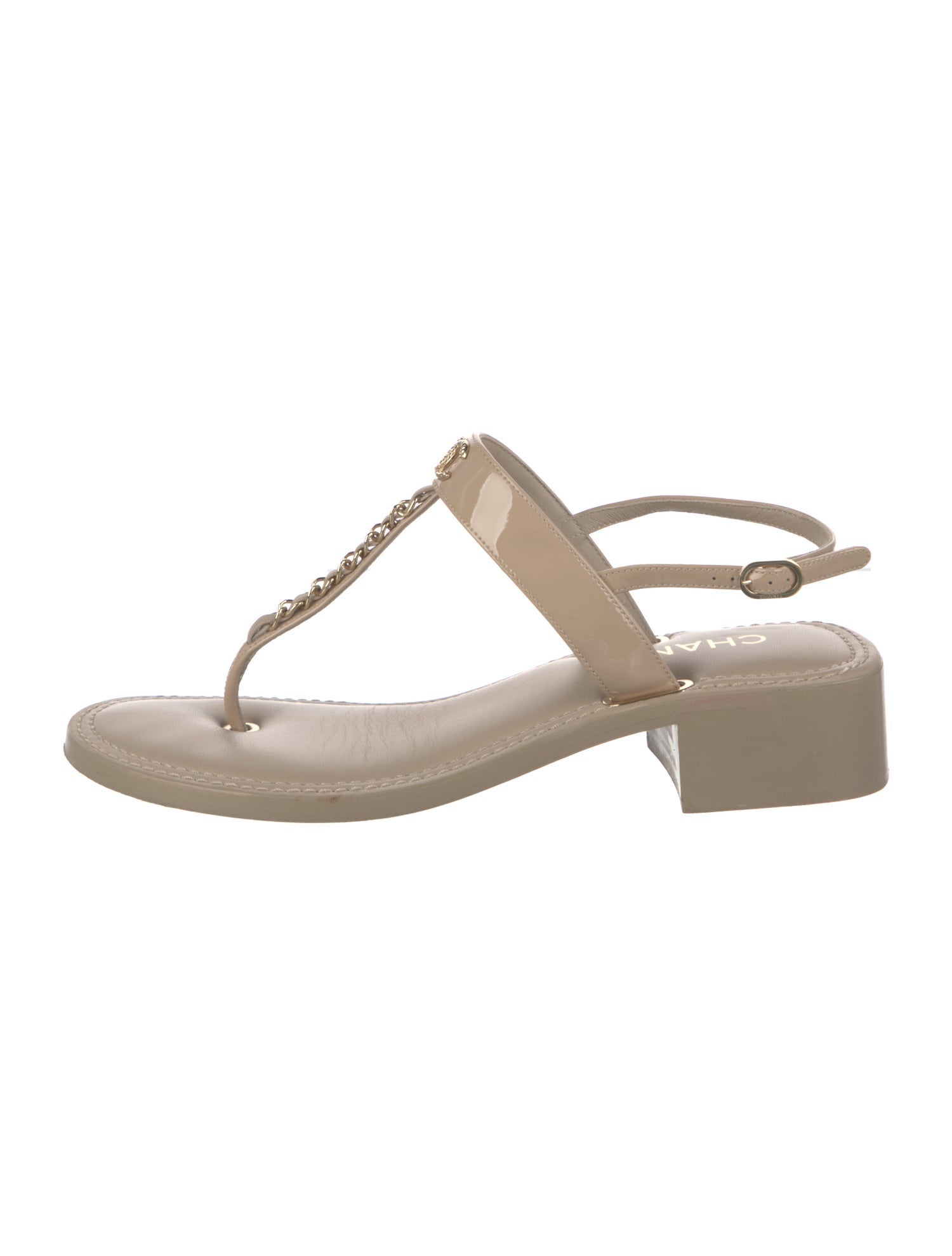 Chanel Interlocking CC Logo Patent Leather T-Strap Sandals