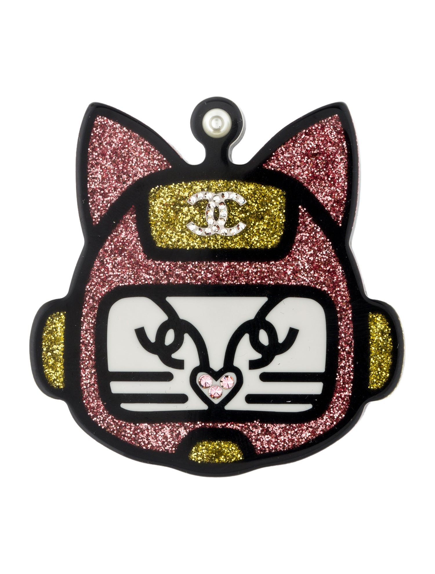 Chanel Faux Pearl, Glitter, Strass & Resin Robot Cat Brooch