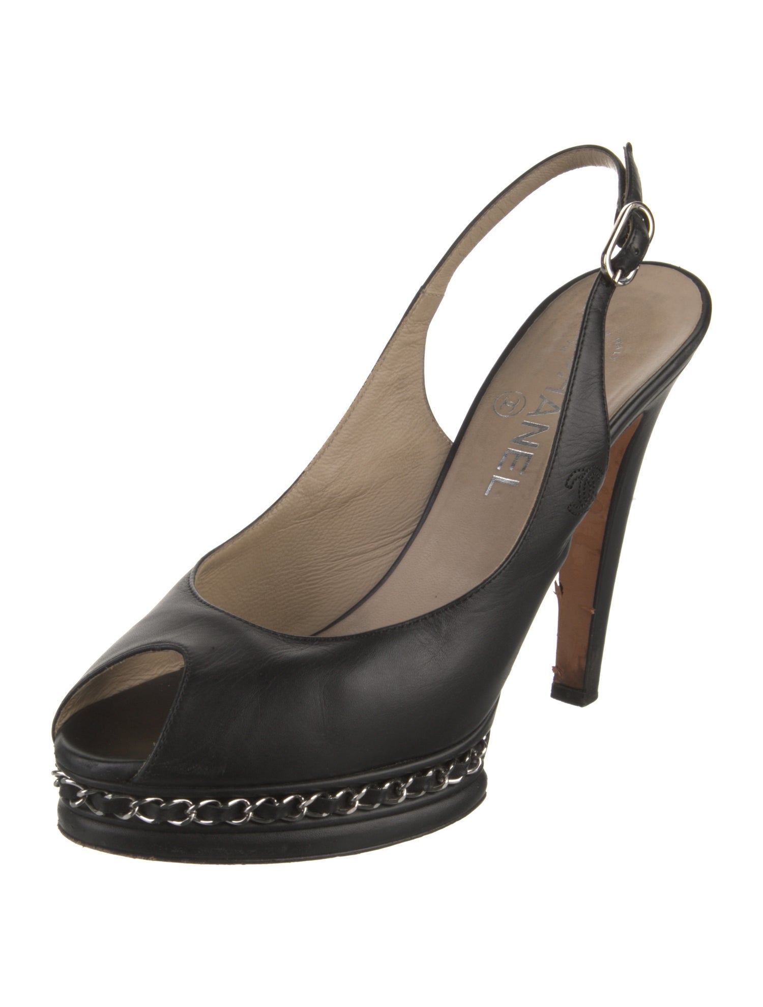 Chanel Chain-Link Accent Leather Slingback Pumps