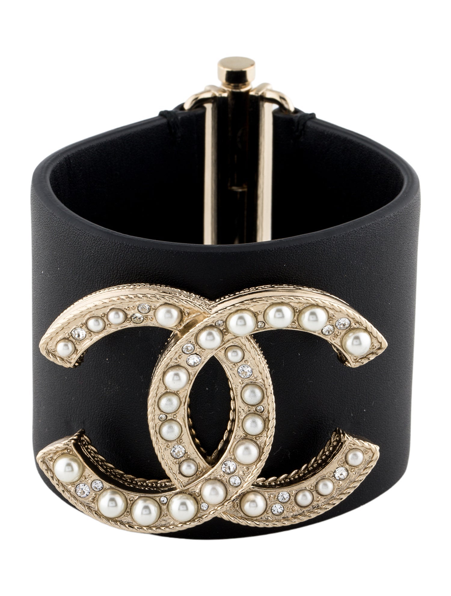 Chanel Leather, Strass & Faux Pearl CC Cuff Bracelet