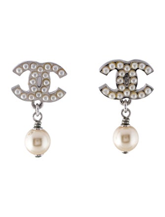 Chanel Faux Pearl CC Drop Earrings