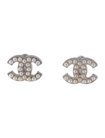 Chanel Faux Pearl CC Stud Earrings
