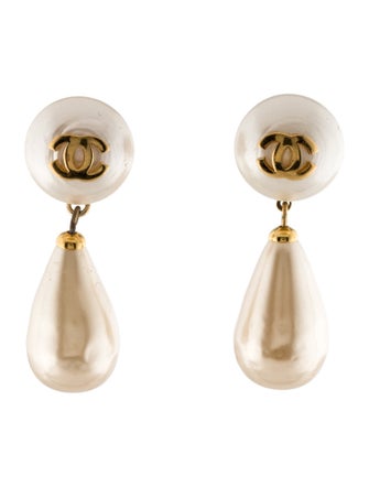 Chanel Vintage Faux Pearl CC Drop Clip-On Earrings