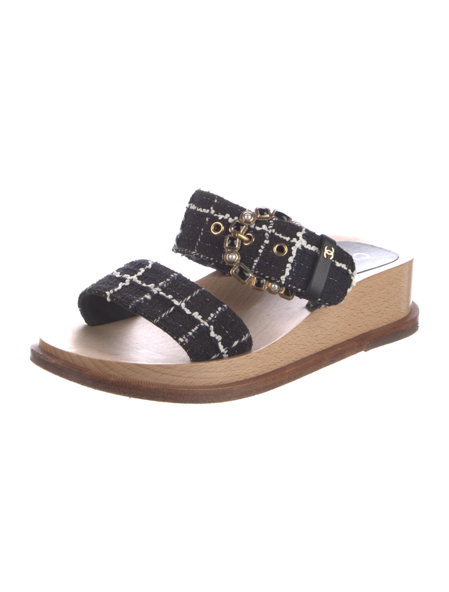 Chanel Interlocking CC Logo Tweed Slides