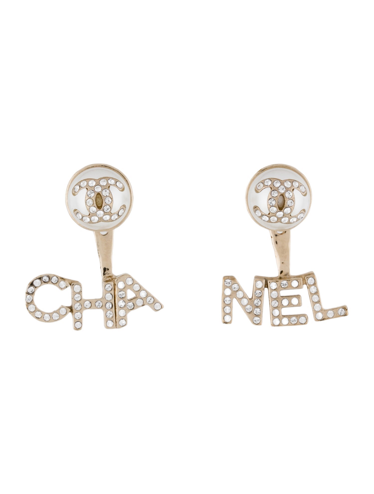 Chanel Faux Pearl & Strass 'CHA-NEL' Jacket Stud Earrings
