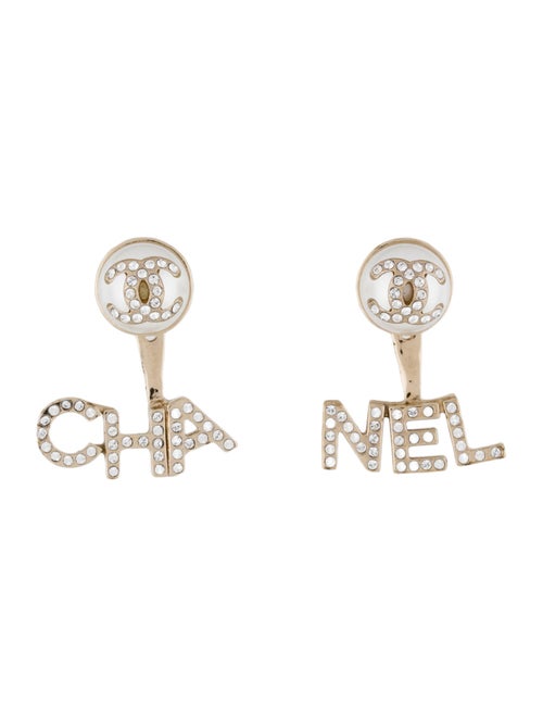 Chanel Faux Pearl & Strass 'CHA-NEL' Jacket Stud Earrings
