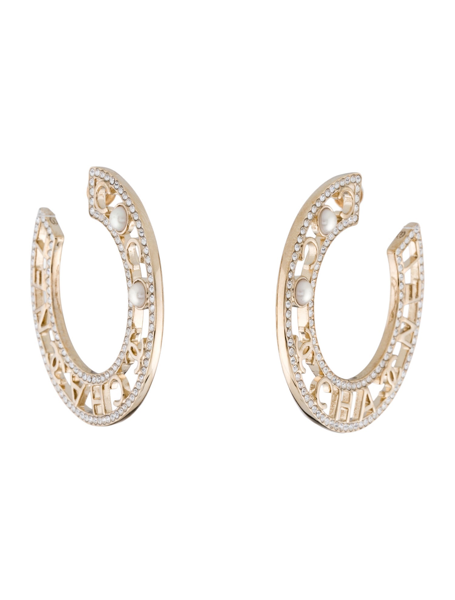 Chanel Faux Pearl & Strass CC 'COCO' 'CHA' 'NEL' Hoop Earrings
