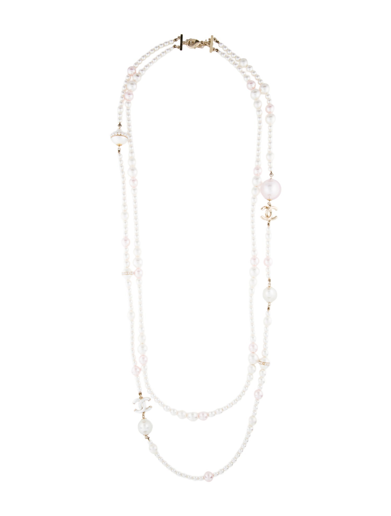 Chanel Faux Pearl & Resin CC Double Strand Station Necklace