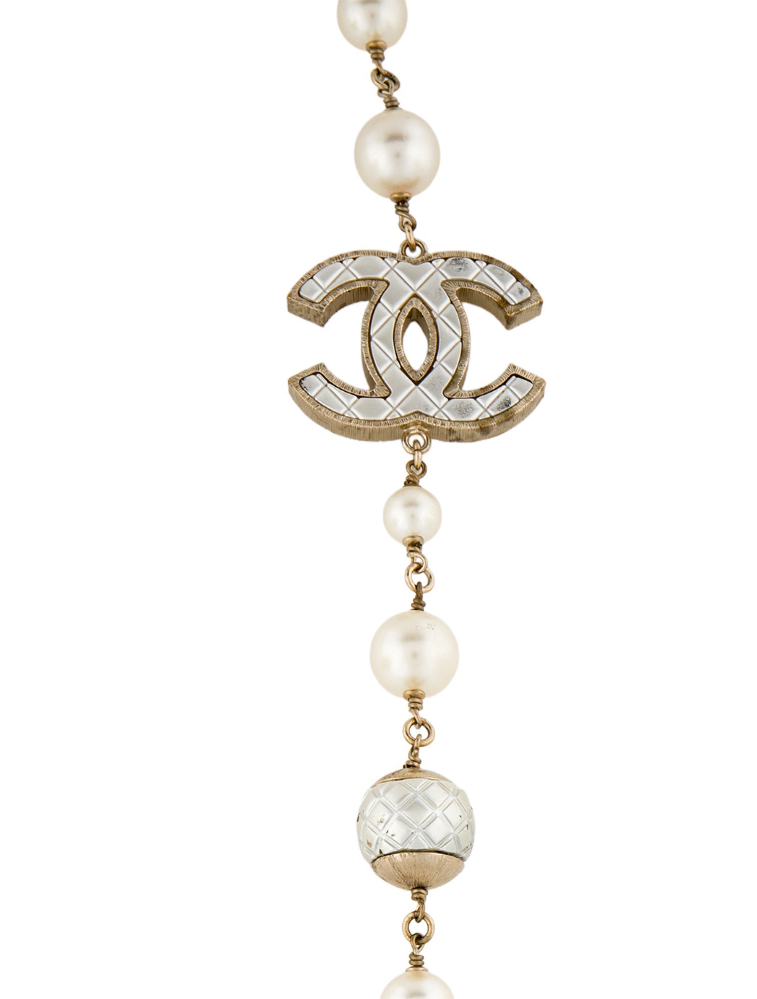 Chanel Faux Pearl & Resin Quilted CC Station Necklace