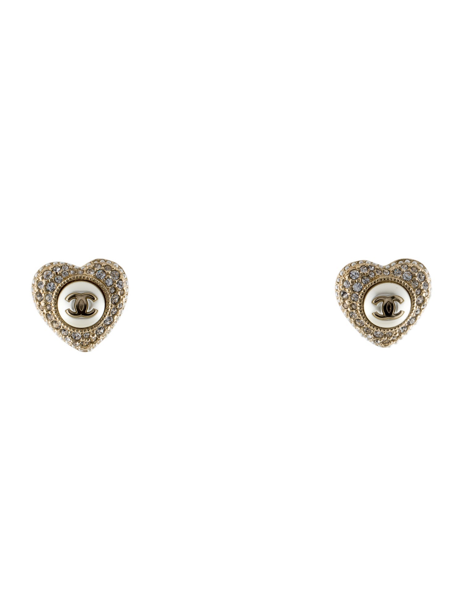 Chanel Faux Pearl & Strass CC Heart Stud Earrings w/ Tags