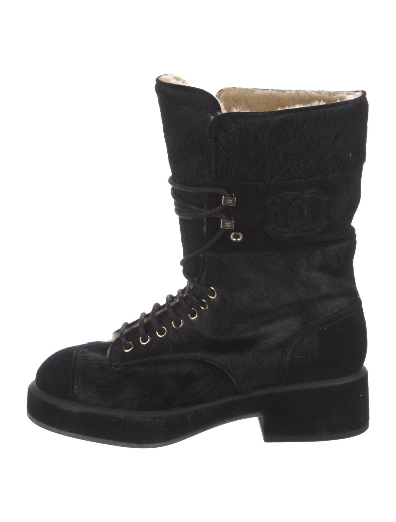 Chanel Interlocking CC Logo Ponyhair Combat Boots