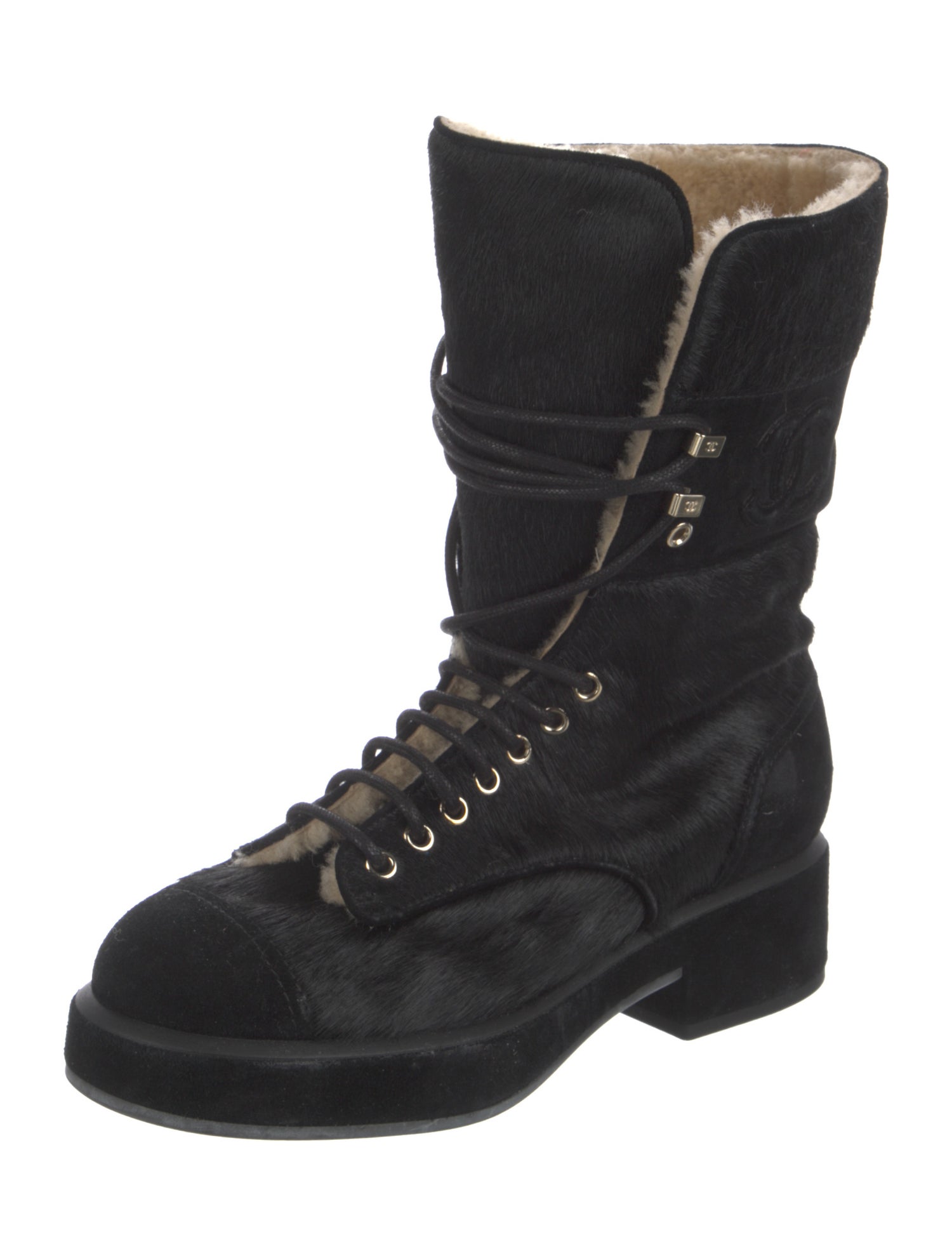 Chanel Interlocking CC Logo Ponyhair Combat Boots