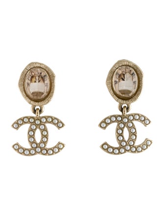 Chanel 2021 Faux Pearl & Strass CC Drop Earrings