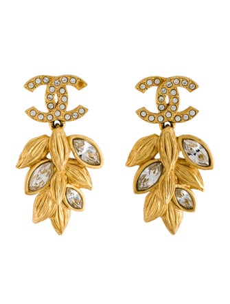Chanel 2020 Strass CC Leaf Drop Earrings
