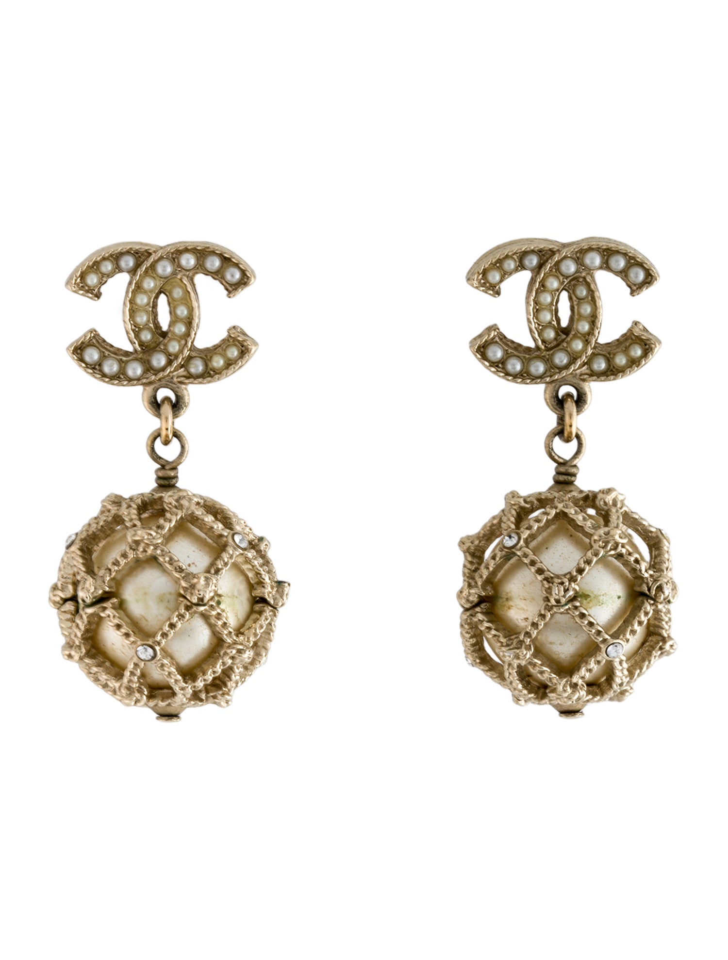 Chanel 2019 Faux Pearl & Strass CC Drop Earrings
