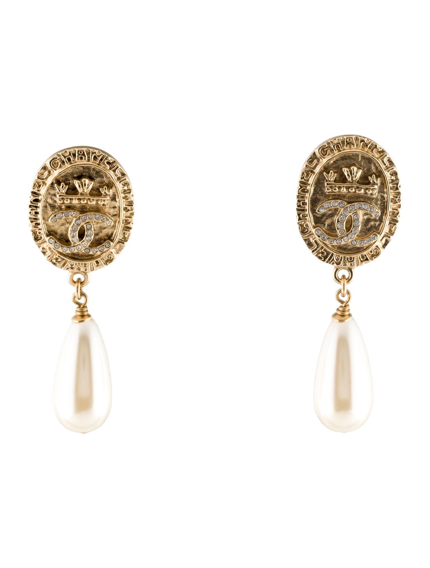 Chanel Faux Pearl & Strass CC Crown Drop Earrings