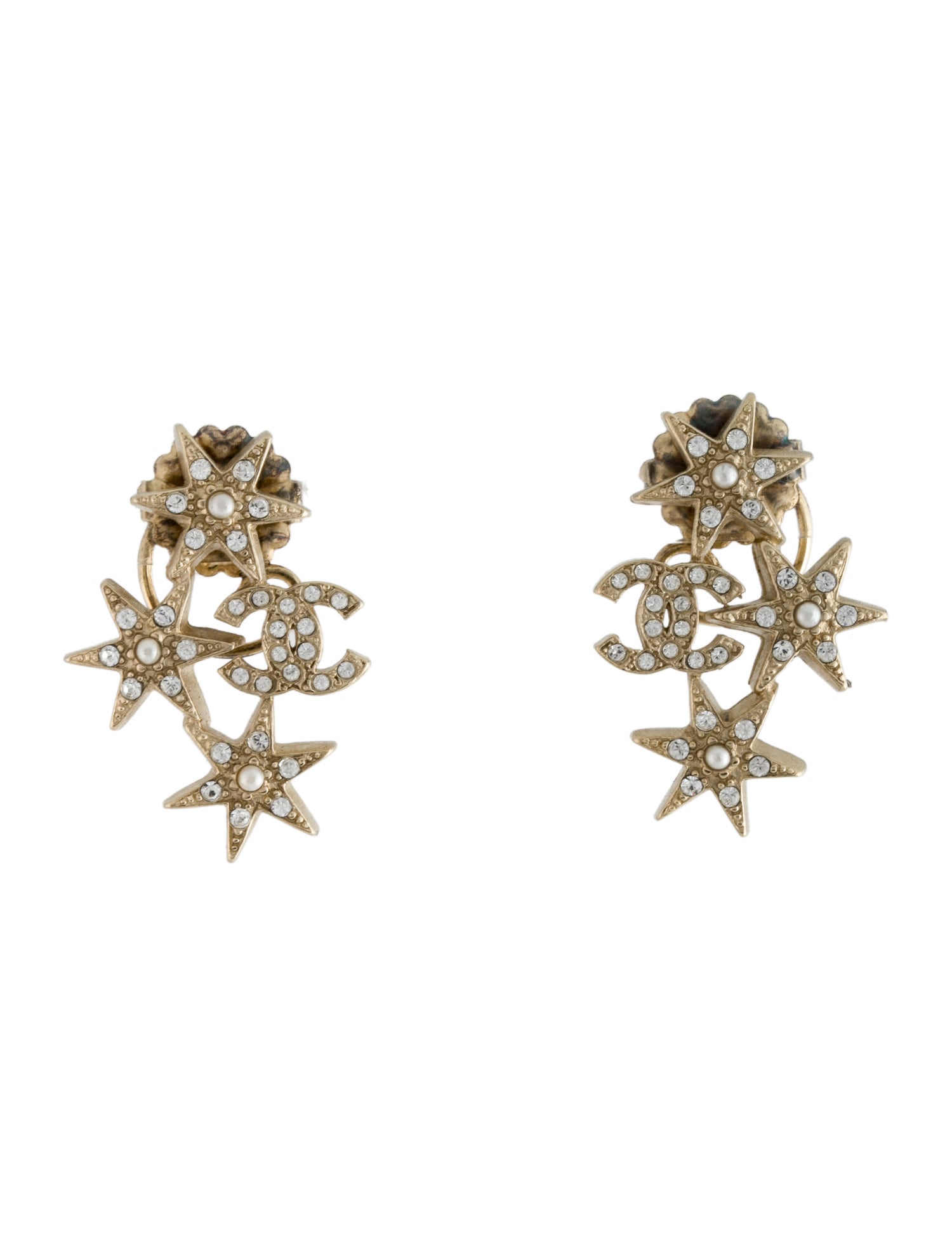 Chanel Faux Pearl & Strass CC Star Stud Earrings
