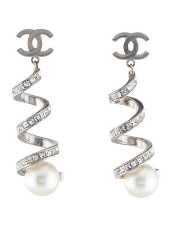 Chanel Faux Pearl & Strass CC Drop Earrings