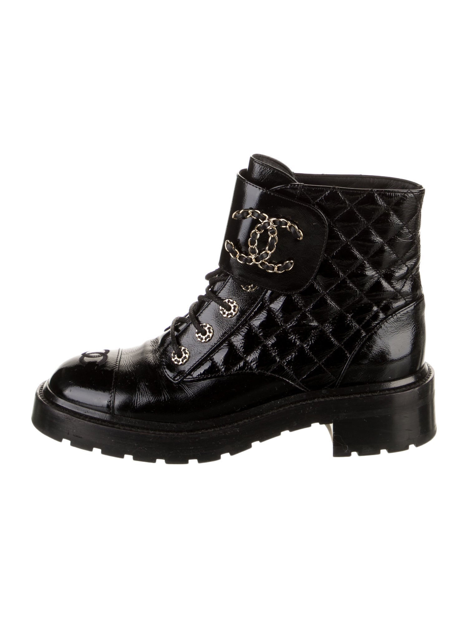 Chanel Interlocking CC Logo Patent Leather Combat Boots