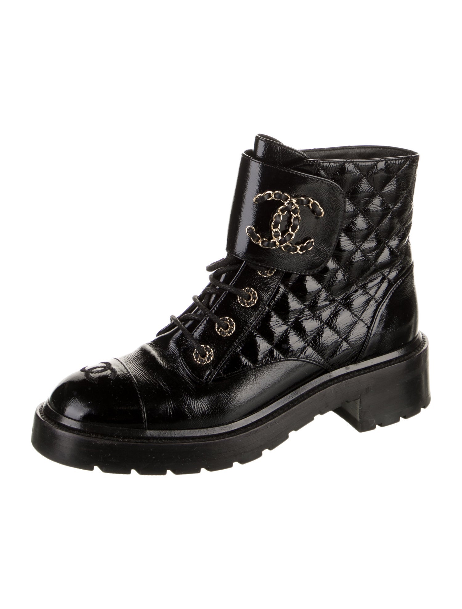 Chanel Interlocking CC Logo Patent Leather Combat Boots