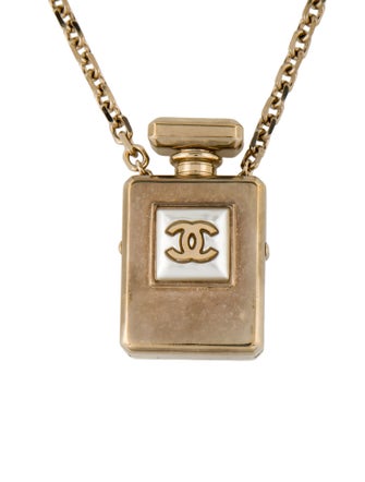 Chanel 2022 Faux Pearl CC Perfume Bottle Locket Long Pendant Necklace
