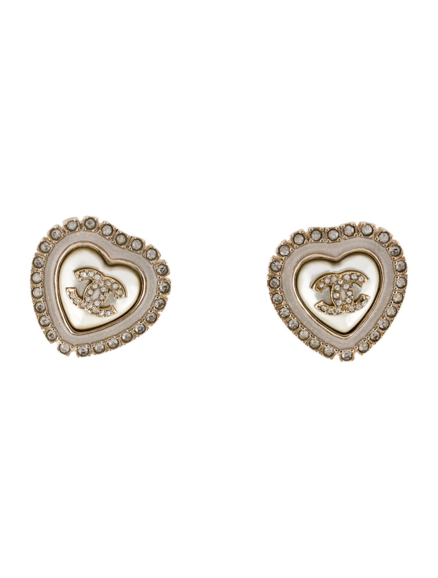 Chanel 2024 Faux Pearl, Resin & Strass CC Heart Stud Earrings
