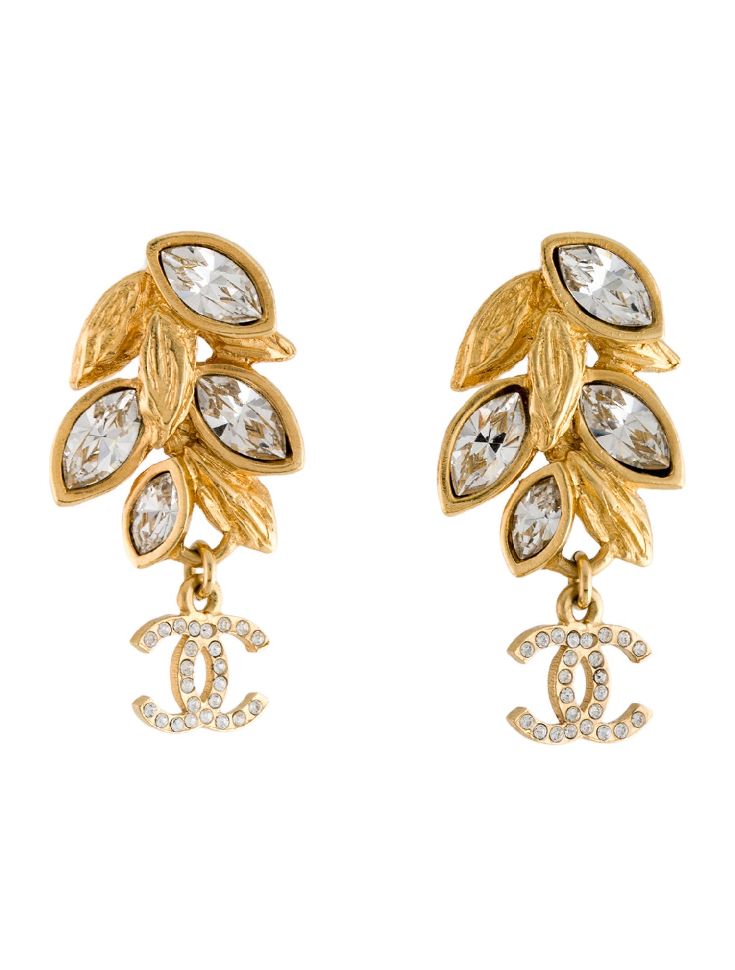 Chanel 2020 Strass CC Leaf Drop Earrings