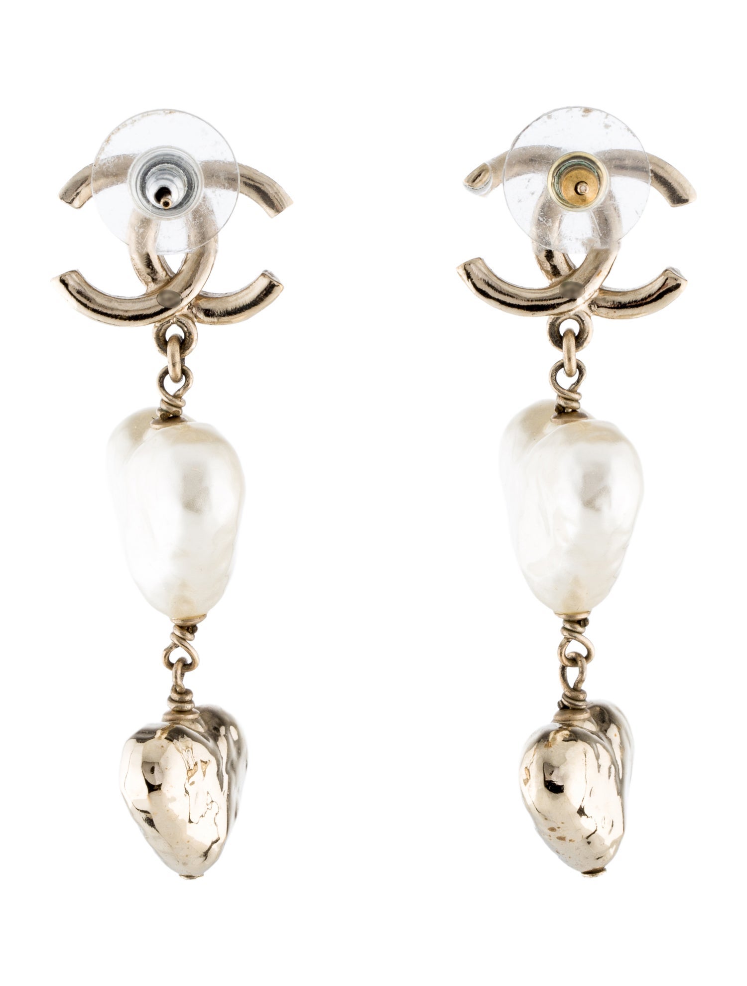 Chanel Faux Pearl CC Heart Drop Earrings