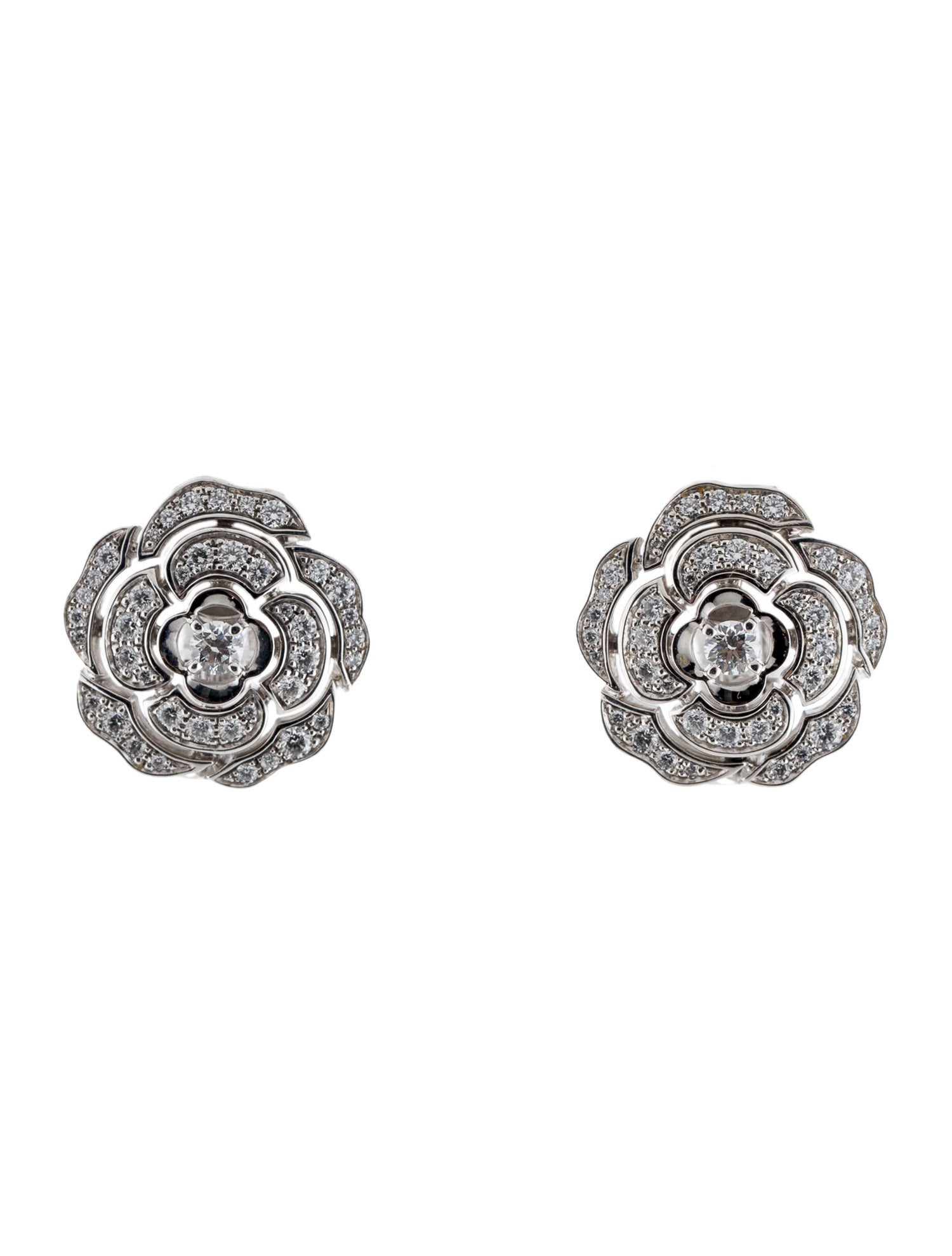 Chanel 18K Diamond Bouton de Camelia Earrings