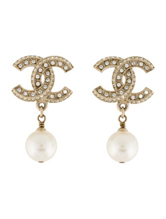 Chanel Faux Pearl & Strass CC Drop Earrings