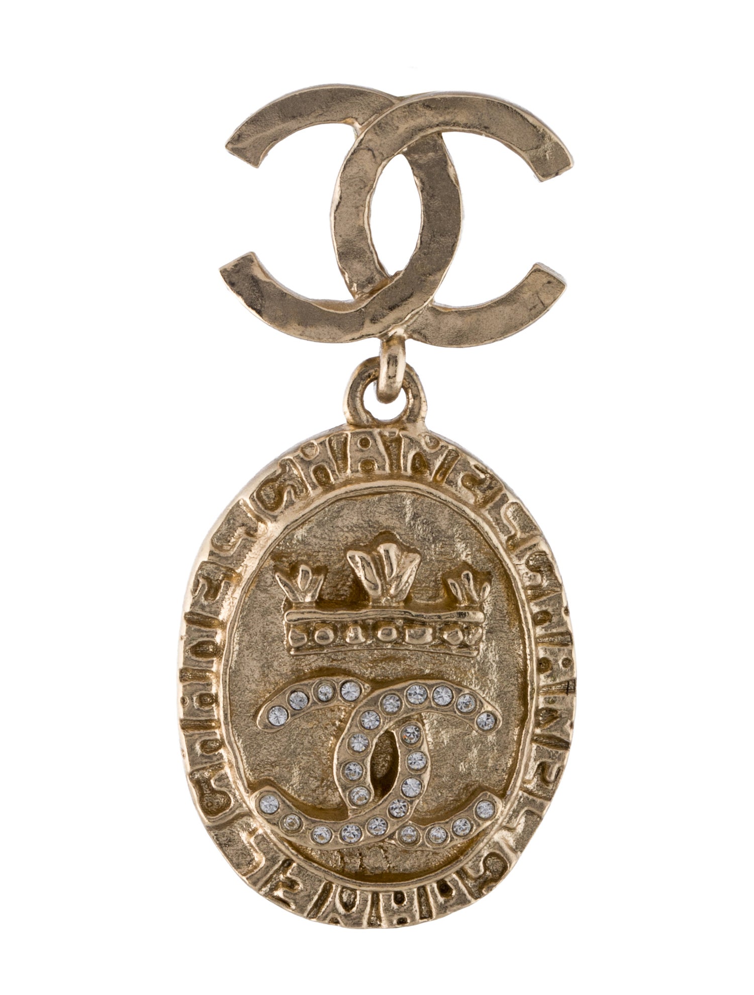 Chanel Strass CC Crown Medallion Single Drop Earring