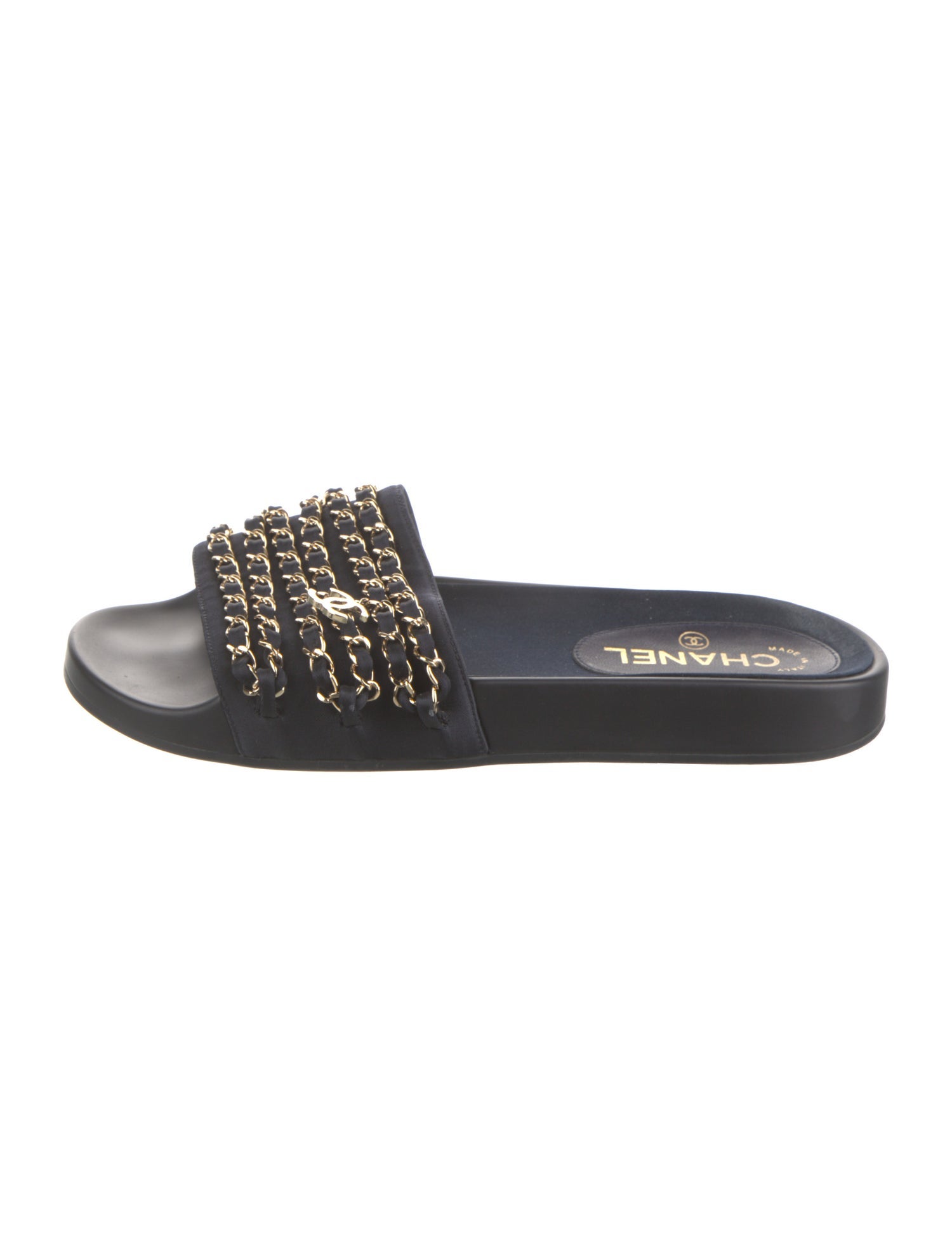 Chanel Interlocking CC Logo Satin Slides