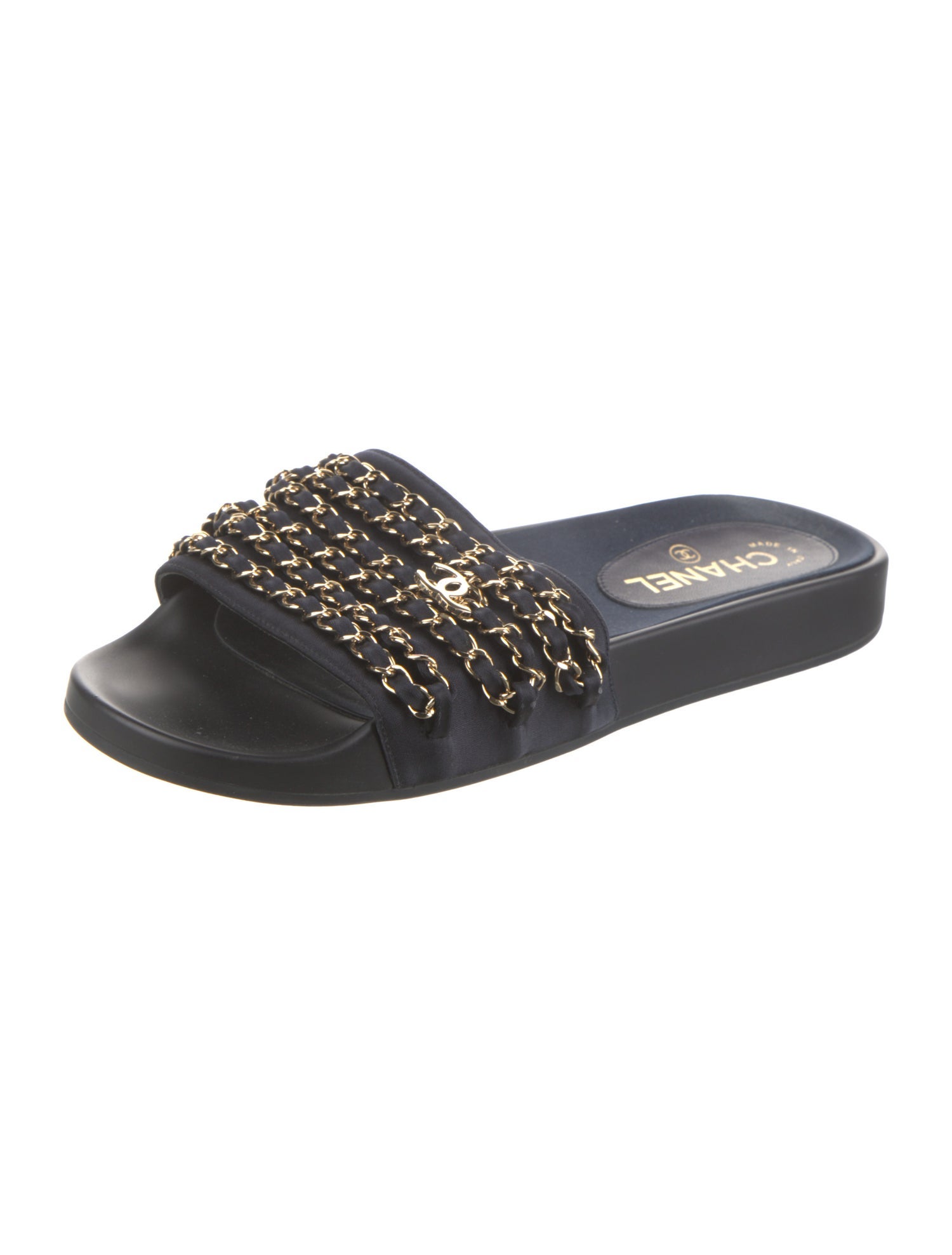 Chanel Interlocking CC Logo Satin Slides