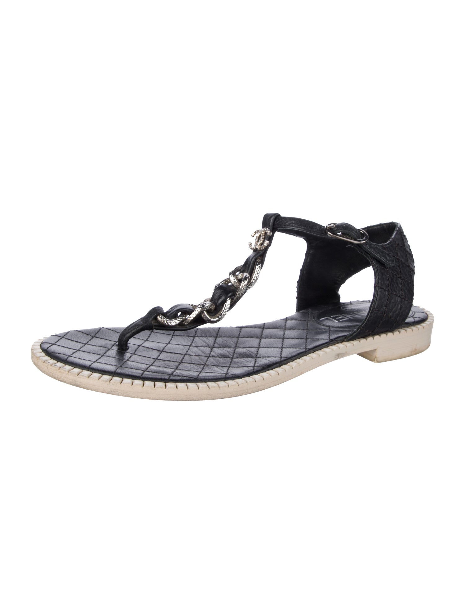 Chanel Interlocking CC Logo Calfskin T-Strap Sandals