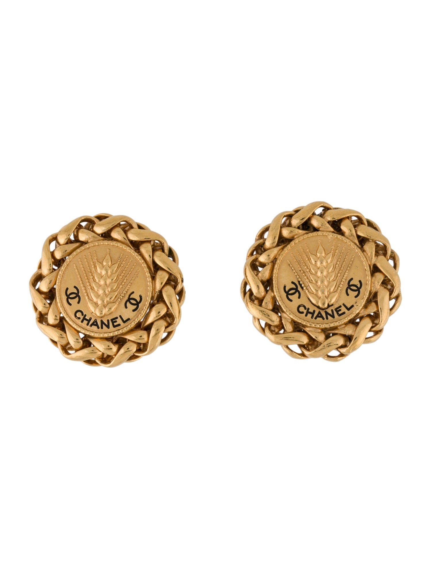 Chanel Vintage Chain Wheat Motif Clip-On Earrings