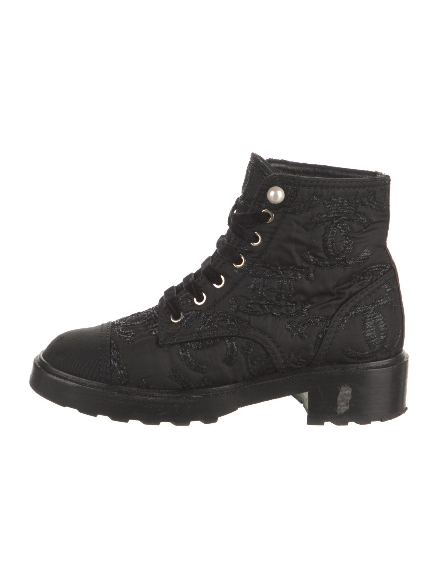Chanel Interlocking CC Logo Embroidered Accent Combat Boots