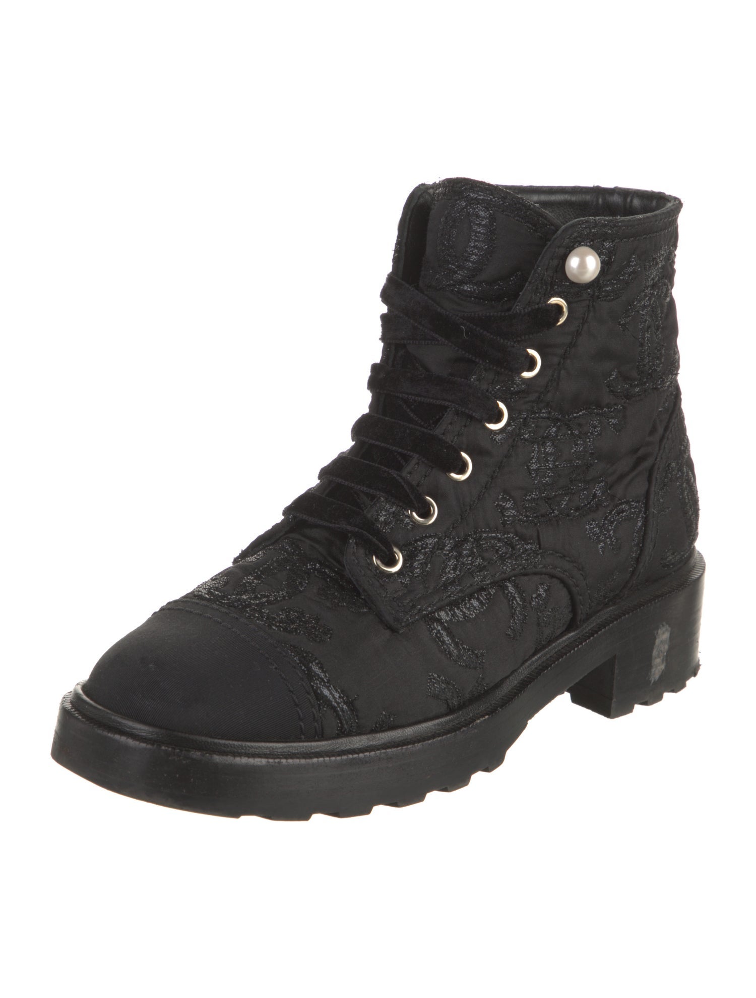 Chanel Interlocking CC Logo Embroidered Accent Combat Boots