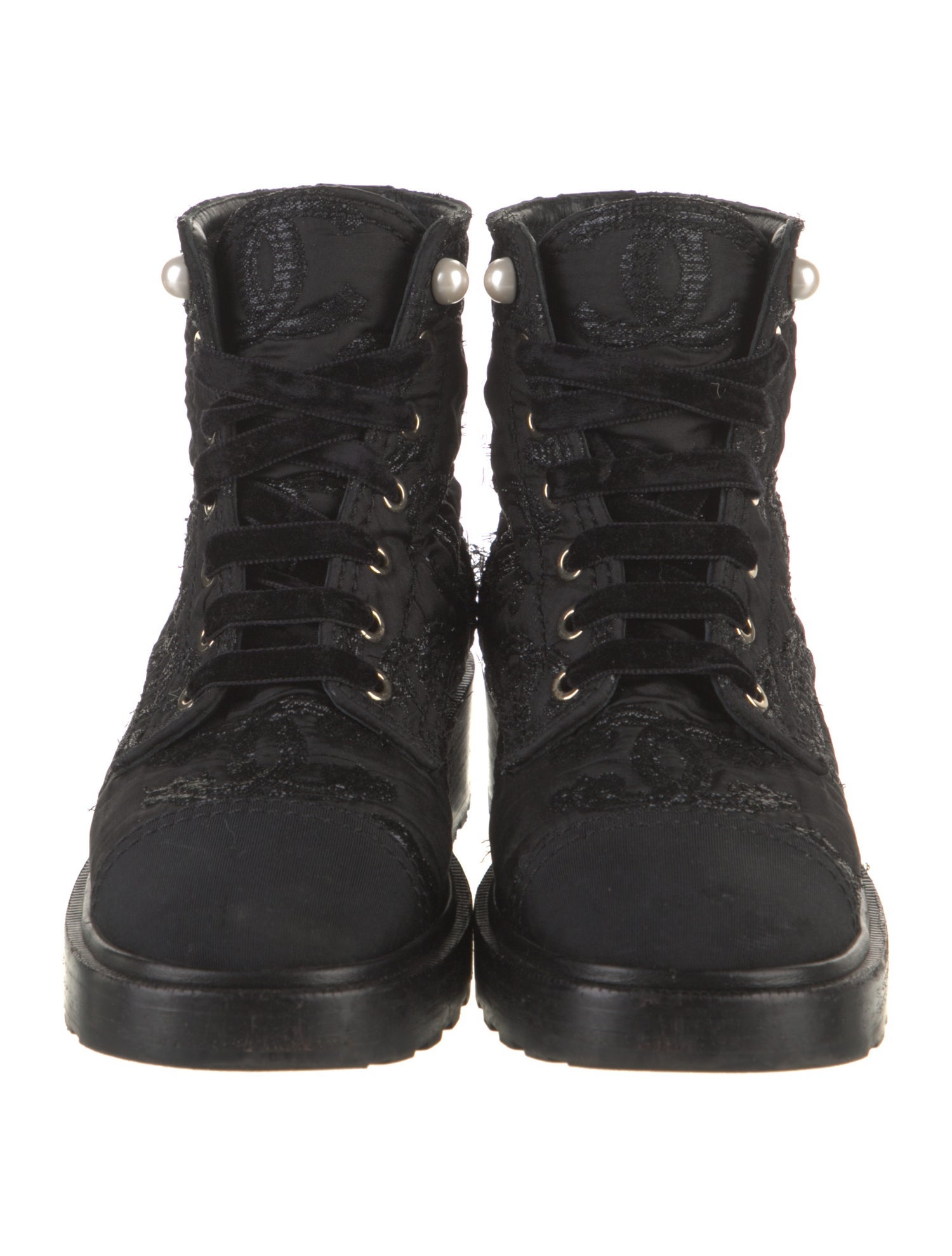 Chanel Interlocking CC Logo Embroidered Accent Combat Boots