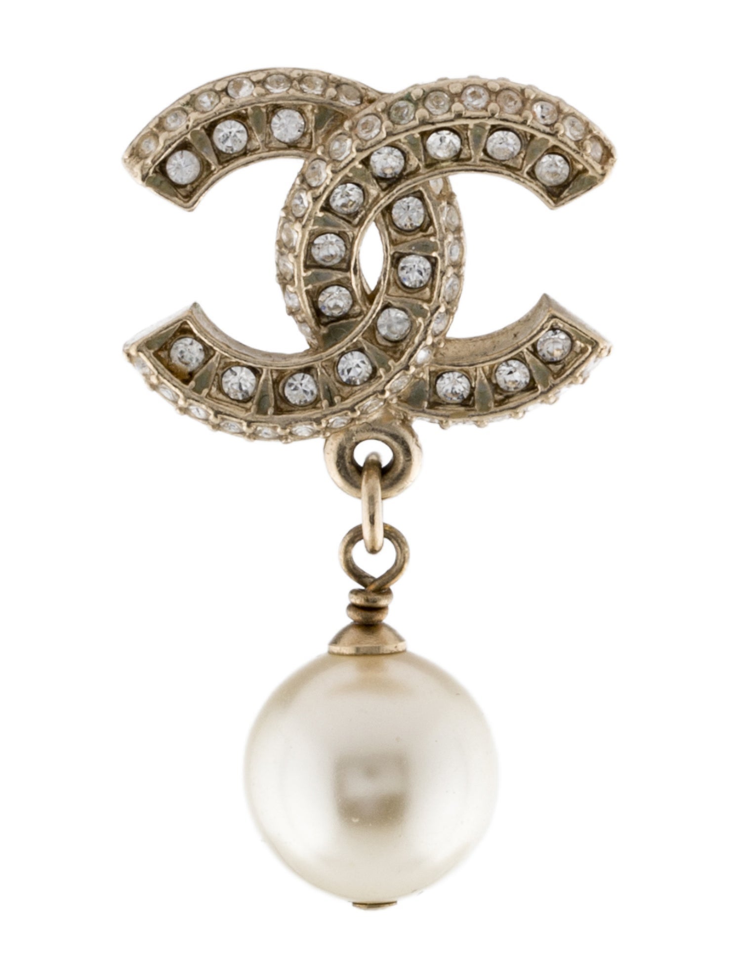 Chanel Faux Pearl & Strass CC Logo Single Drop Earring