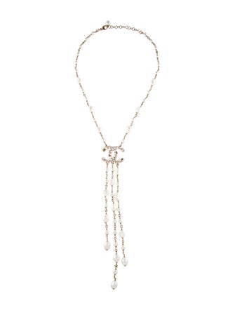Chanel 2020 Pearl, Faux Pearl & Strass CC Logo Lavalier Necklace