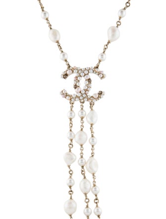 Chanel 2020 Pearl, Faux Pearl & Strass CC Logo Lavalier Necklace